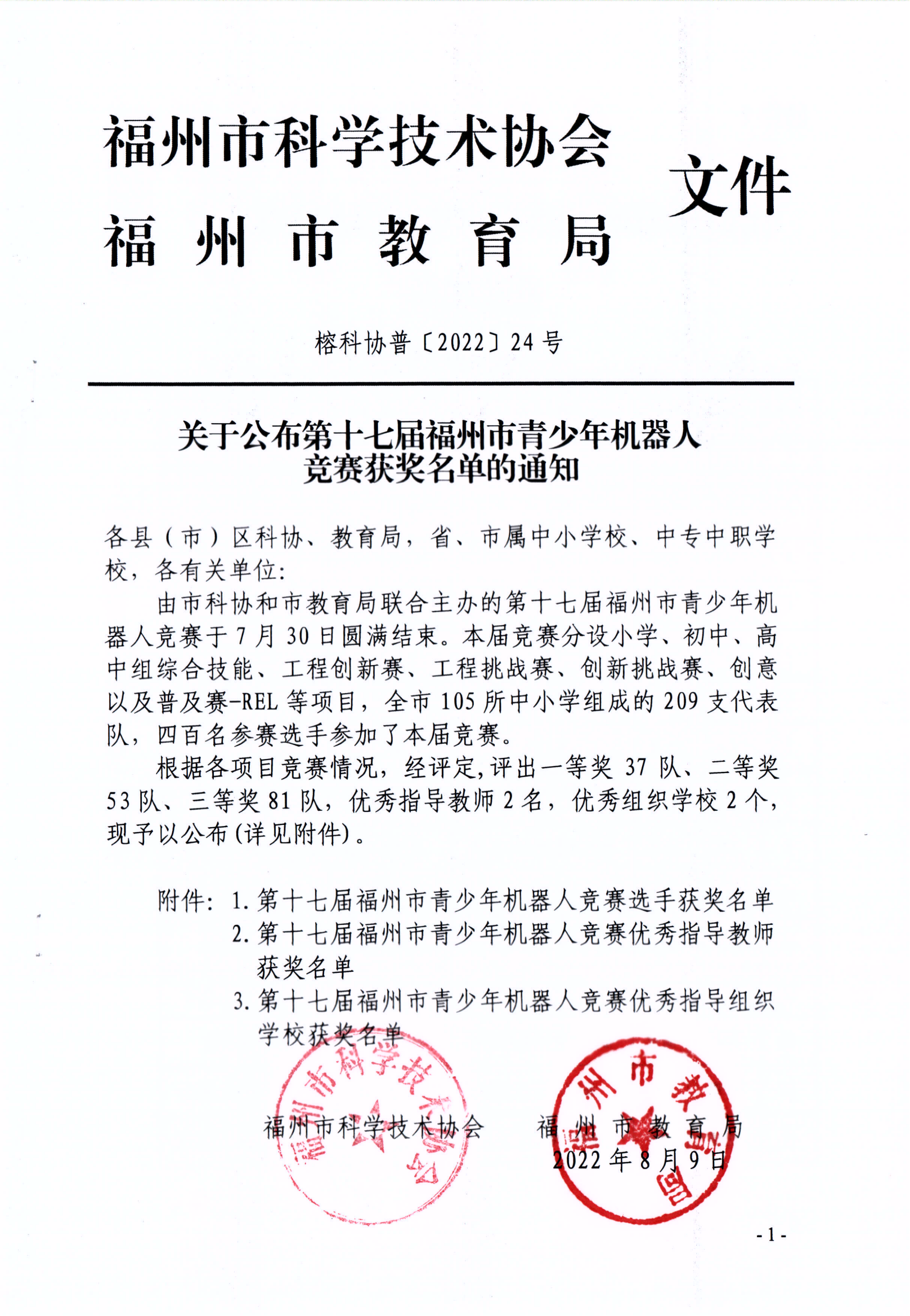 關(guān)于公布第十七屆福州市青少年機(jī)器人競賽獲獎(jiǎng)名單的通知